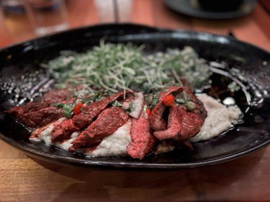 Chimichurri Steak with mashed potatoes and creamed spinach