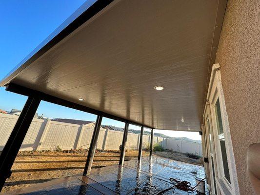 Insulated patio cover with lights.