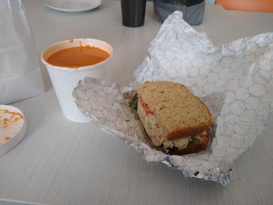 Tomato soup and tuna salad sandwich