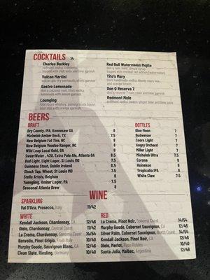 Alcohol menu