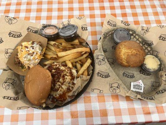 The Sandwich with No Name, Fries, Cornbread Muffin w/ Honey Butter, Loaded Baked Potato Salad