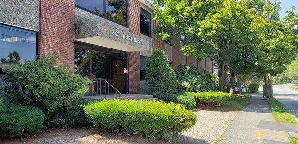 Building entrance of Healing Roots Acupuncture at 60 Austin Street, Suite 302, Newtonville, MA 02460