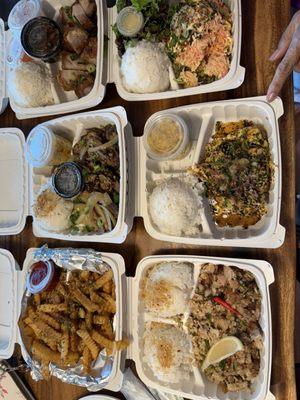 We ordered Sisig, Lechon, ahi tuna, salmon, da Ali'i nui (rib eye steak), garlic fries and da sauce boss(chicken).