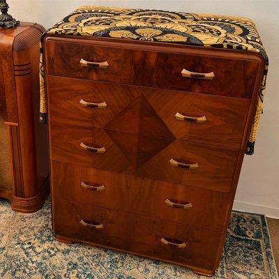 1930s art deco waterfall dresser with original brass and Bakelite handles.