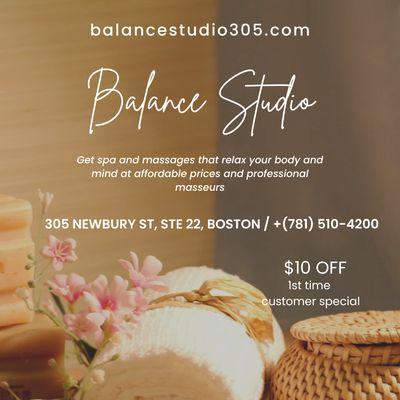 Experience relaxation at Balance Studio - Affordable spa and massage services in Boston. Enjoy $10 off your first visit!