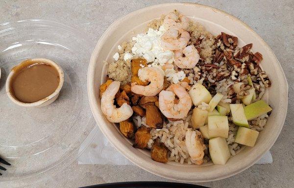 Grace bowl (quinoa + brown rice + shrimp). $14.90