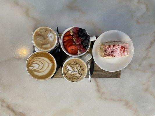 Vanilla latte, Yogurt Parfait, strawberry cake slice