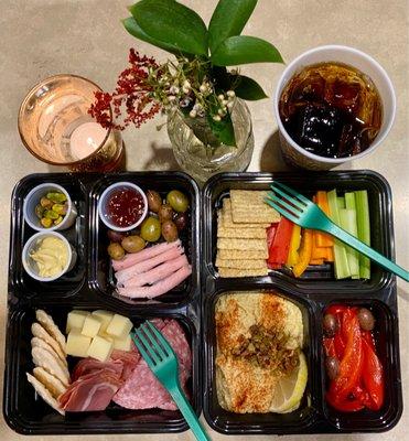 Charcuterie plate & hummus plate with fresh veges, cheese, olives, deli meat, pistachios & more. Waiting to see Vietgone.