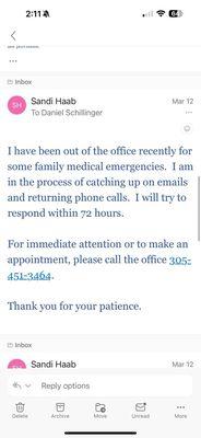 Screenshot of out of office email! One of many