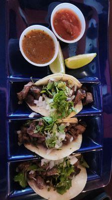 3 tacos asada. Pretty good size, and good salsa flavors. Yum  $13