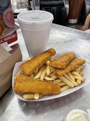 Fish and chips and a medium coke.