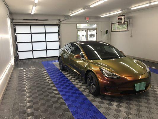 Tesla 3 with custom vinyl wrap, and two coats ceramic.