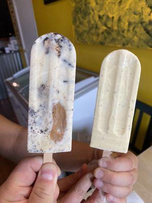 Orange creamsicle popsicle (right) and mint-chip cookies n cream banana peanut butter popsicle (left)