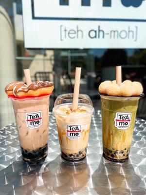 (Drinks) House Black Tea Latte, Creme Brulee Milk Tea, and Uji Matcha Latte (Mochi Donuts) Chocolate Strawberry glaze and Churro sugar