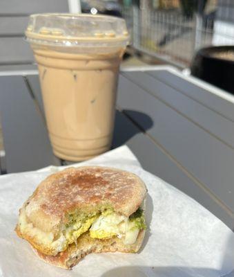 Vegetarian Egg Sandwich and Iced Latte