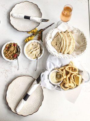 Top left: Eggplant salad - $6 Center: Hummus (original) - $6 Top right: Pita bread - included Bottom right: Deep fried calamari - $15