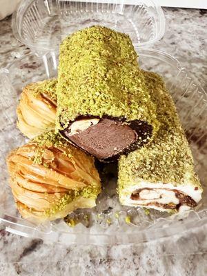 Pistachio Baklava (less sweet), Pistachio Brownie & Chocolate Pistachio