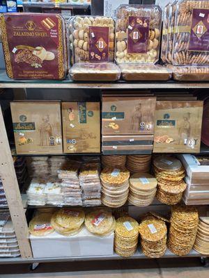 Shelves fill off sweet treats and Middle Eastern cookies