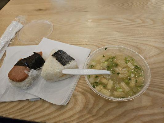 Spam Sushi & Shrimp Tempura Onigiri with free Miso Soup