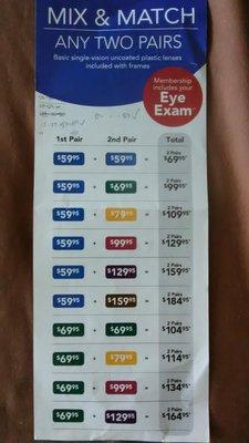 Front side of their double-sided flyer that breaks down the pricing of two frames.