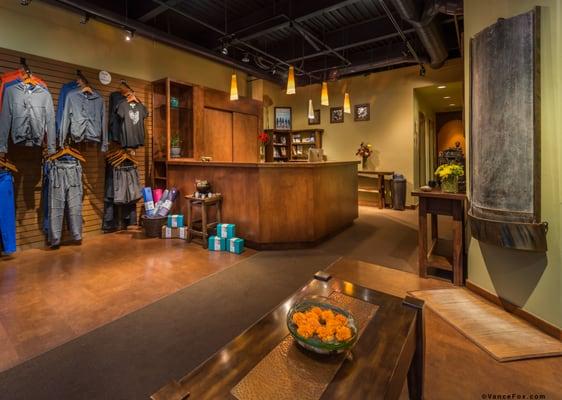 Tahoe Yoga's front desk and lobby/waiting area.