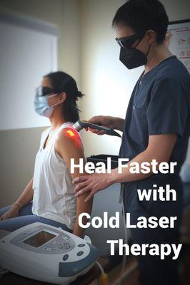 Cold Laser therapy utilizes light to beam photons into the body. This triggers a reaction l which accelerate healing of damaged tissues