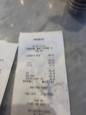 Receipt #1 charging tax and 18% services over two drink price