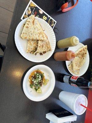 Carne asada quesadilla and taco. Decent prices excellent service