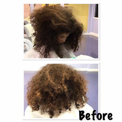 This sweet and smart little girl has quite volume curly hair.  After the heat treatment and before the comb out, this is how her hair looks.