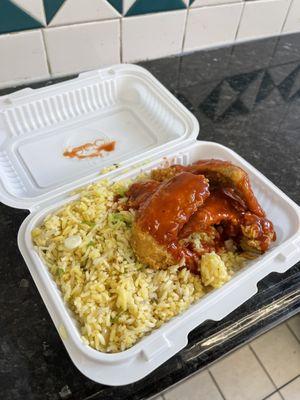 3 wings with mambo sauce and fried rice