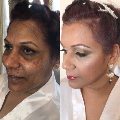 indian bride mothwe hair and makeup before &after