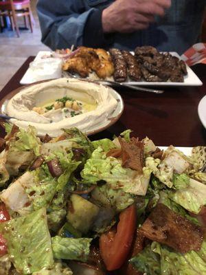 hummus and salad fatoush  good ,chicken kebab with steak .