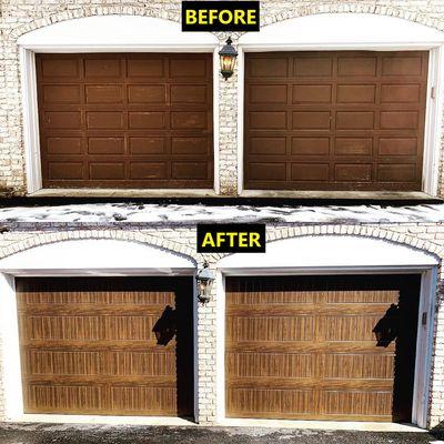 brown residential garage door before and after