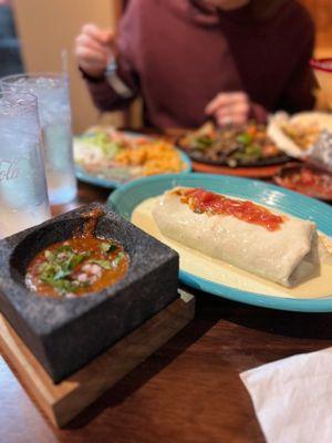 Burrito California with white queso, house made hot suace & fajitas