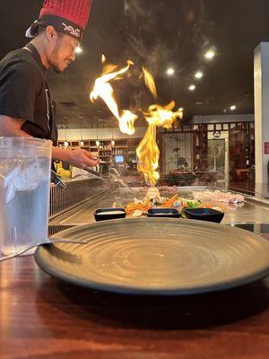 Chef's preforming volcano eruption