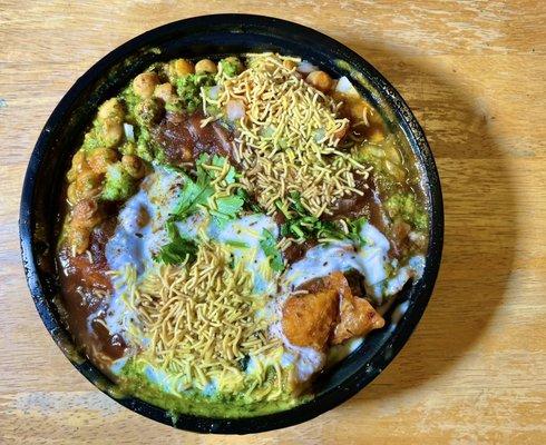 Samosa Chaat. A tone of sweet, sour, spicy  and savory all at once.