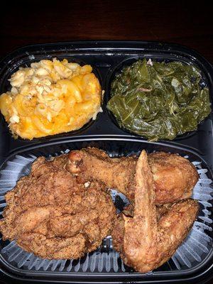 Fried chicken with collard greens and Mac & cheese