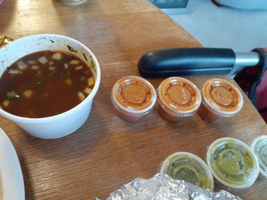 Caldo de Birria along with both salsa red+green