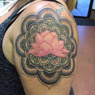 Mandala with lotus center. All done with a liner. Done by @jeffharrisontattoo