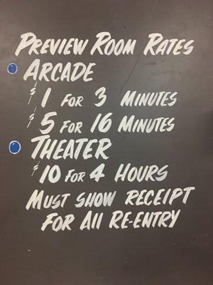 Preview Room Rates Arcade     $1 for 3 minutes     $5 for 16 minutes Theater     $10 for 4 hours  MUST SHOW RECEIPT FOR RE-ENTRY