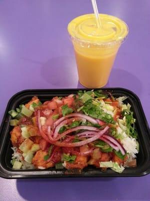 Chutney Chicken rice bowl and a cup of their Mango Lassi