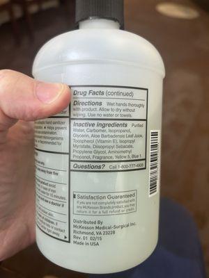 The ingredients list for the sanitizer at Hill imaging