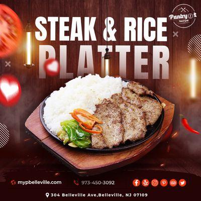 This steak and rice platter is a meal in itself. A spicy beef and bell pepper combo served over a bed of rice.