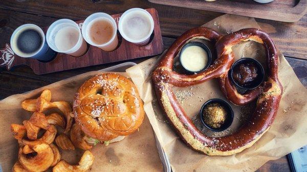 Cheese burger and fries, pretzel