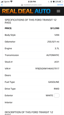 Listing on company's website with a higher price and mileage.