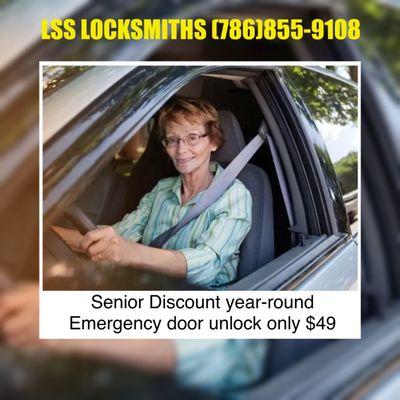 Senior discount year-round! Pay only $49 for emergency car unlock services 24/7