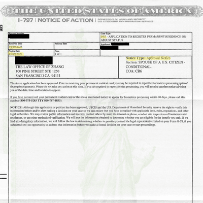 We are very happy to see these results for our client! For a Marriage Based Green Card, our client got straight approval in just 3.5 months!