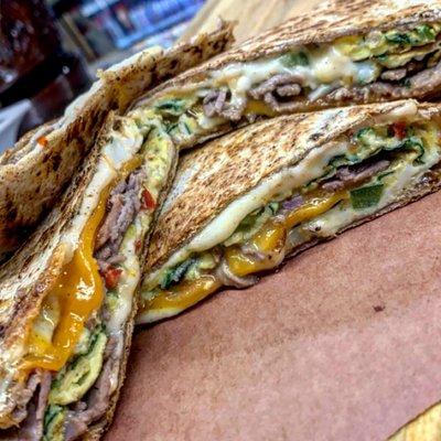 Steak quesadilla with veggie omelette