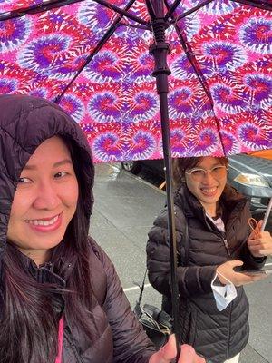 Oh no! The heavy rain came while we were in line to purchase our Broadway musical tickets!