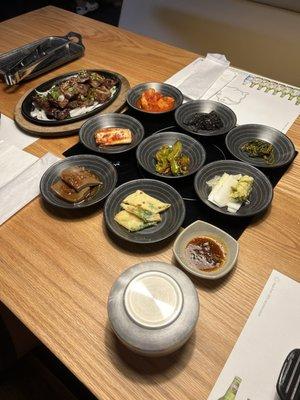 Banchan/ side dishes and grilled galbi/ beef short rib